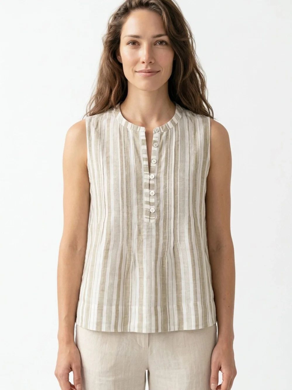 FAHERTY | NEW Isha Natural Bombay Stripe Linen Top Tan White Women’s Size Small